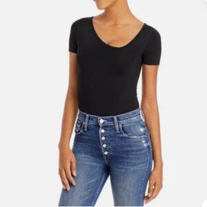 Simon Miller Black Juri Asymmetric V-Neck Bodysuit Short Sleeve Thong M/L